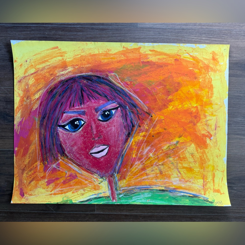 “Tease” mixed media drawing paint marker oil pastel 18x24”